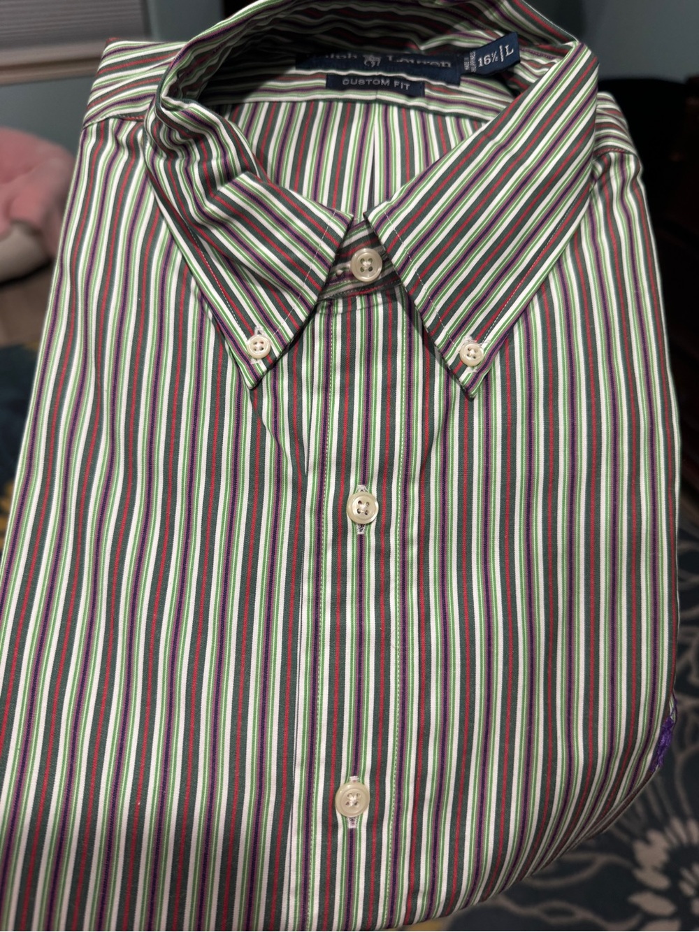 NEW Large Ralph Lauren Men's Striped Button-Down Dress Shirt - Green & Purple